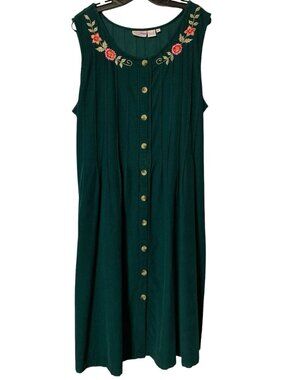 Comfort Corner Green Corduroy Dress Embroidered Jumper Cottagecore Long Size 1X